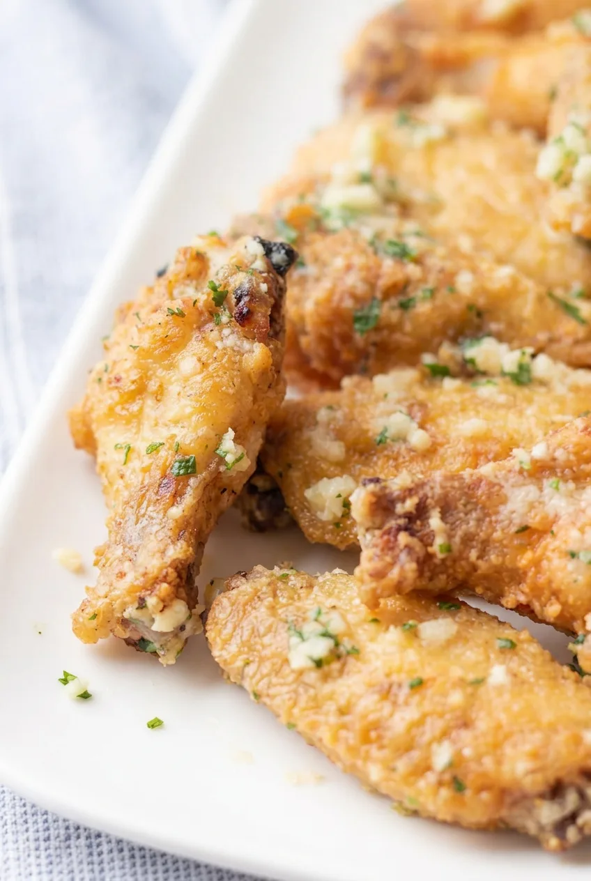 Close view of browned wing skin with clinging garlic, Parmesan, and chopped parsley