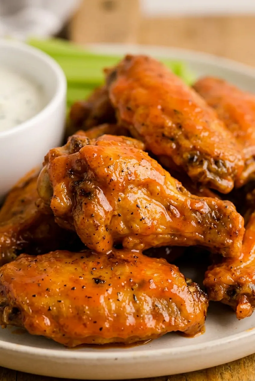 Close view of orange-red Buffalo sauce coating browned chicken wing skin