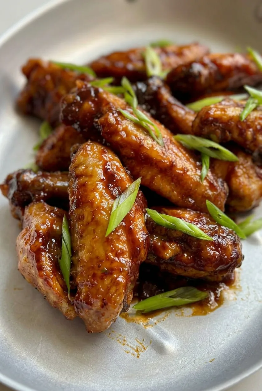 Close view of sticky BBQ glaze, browned wing skin and sliced green onions