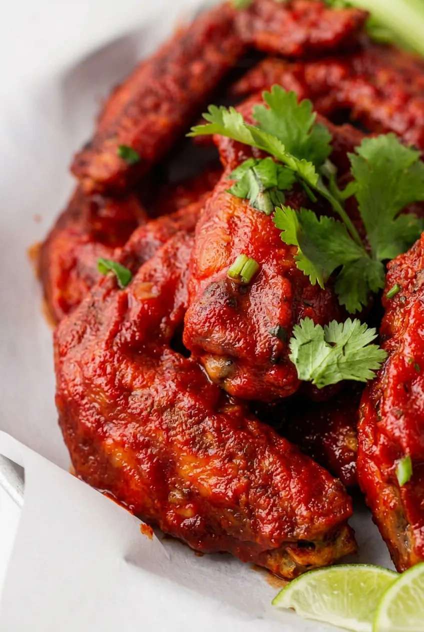 Close view of glossy red glaze clinging to a browned hot honey chicken wing