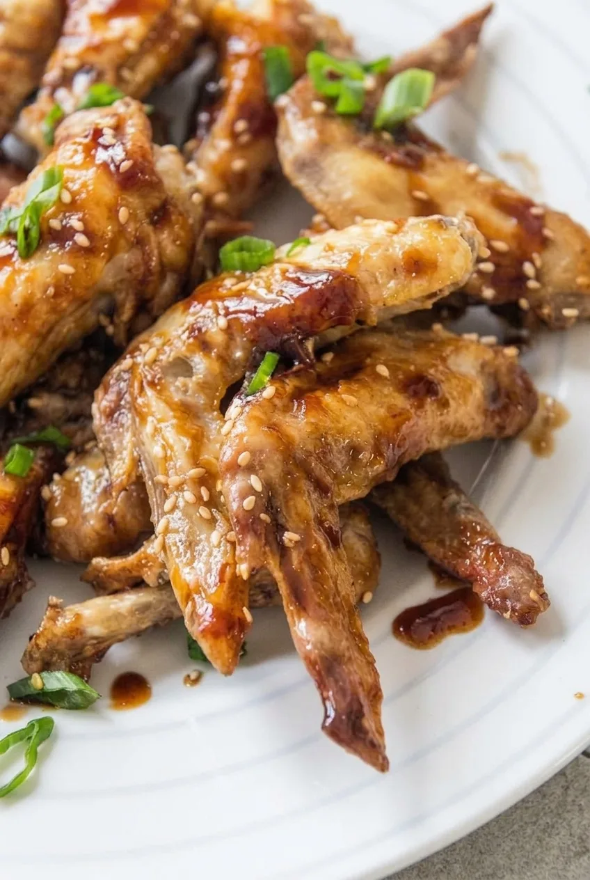 Close view of browned chicken wing skin beneath teriyaki glaze, sesame seeds, and green onions
