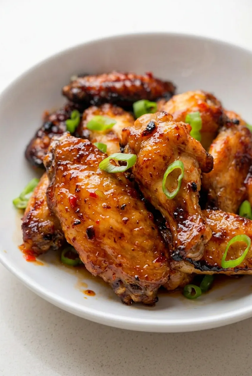 Close view of glazed chicken wings showing browned skin, caramelized edges, and sliced green onions