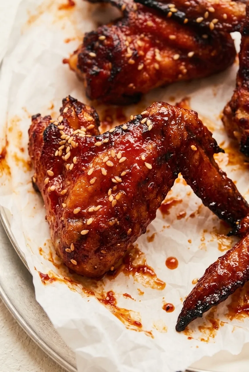 Close view of sesame seeds, sticky red glaze, and browned skin on a joint-intact chicken wing