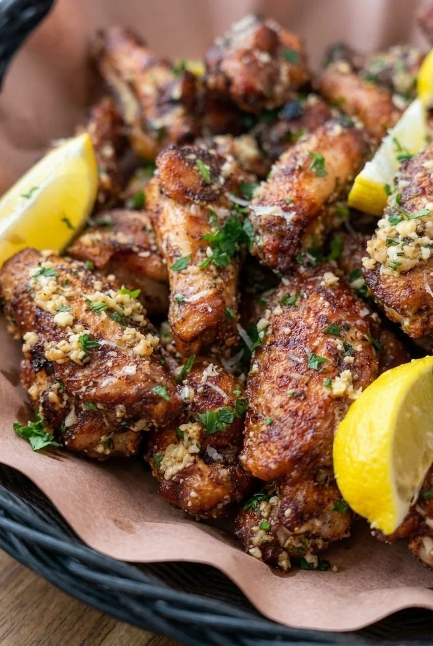 Close view of browned garlic butter wings with a light sheen, Parmesan flecks, and parsley