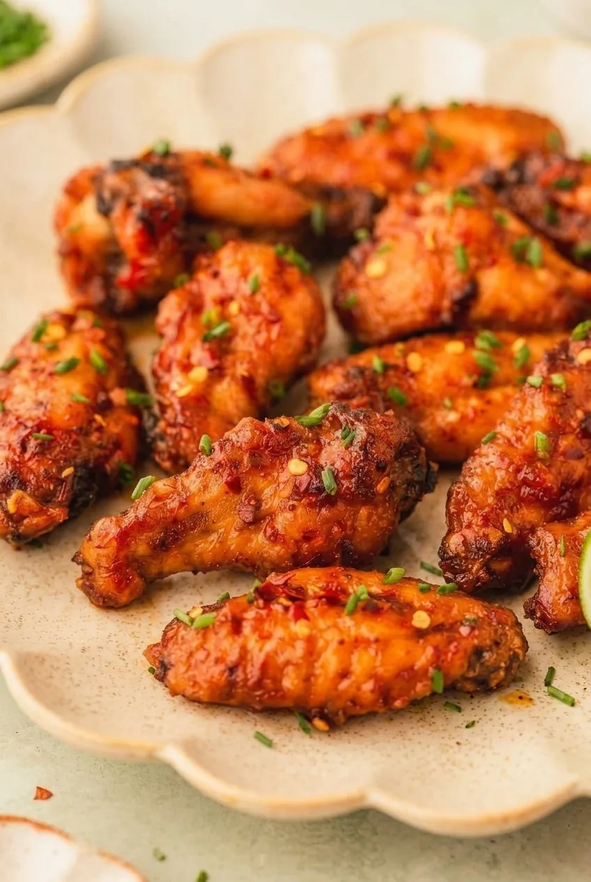 Close view of glossy sweet chili glaze over browned wing skin, with chives and red pepper flakes