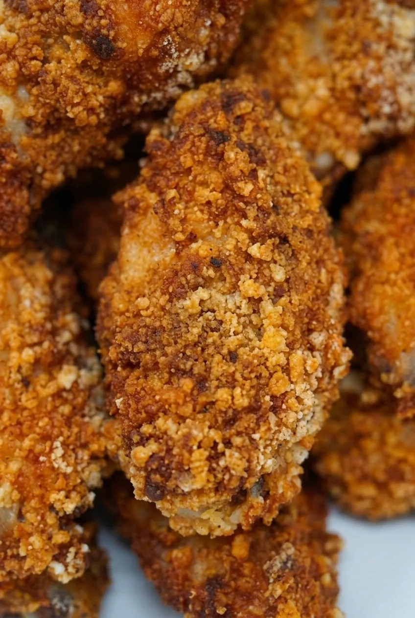 Close view of the coarse, crisp coating on a fried chicken wing