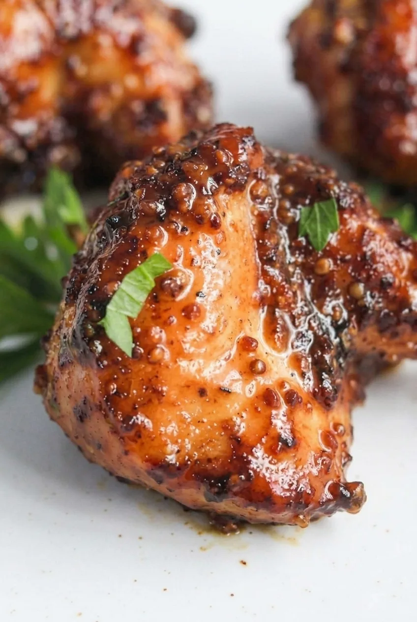 Close view of browned chicken wing skin beneath glossy honey mustard glaze and visible mustard grains