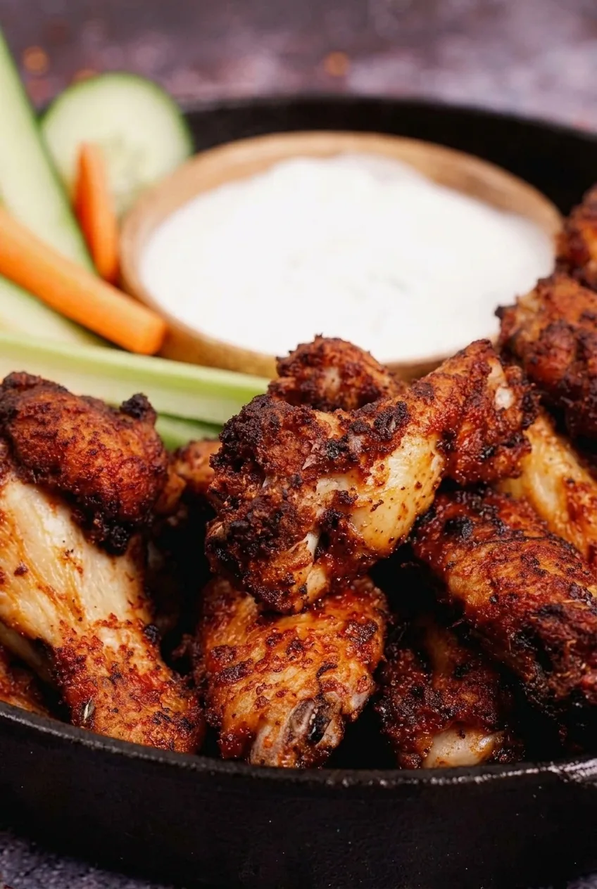Close view of crisp, granular Cajun seasoning on browned bone-in chicken wings