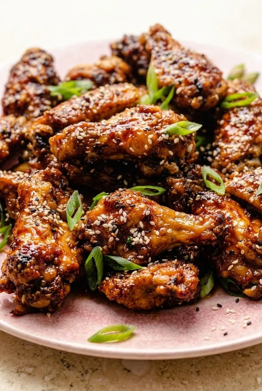 Close view of glazed chicken wing drumettes and flats with caramelized edges, sesame seeds, and scallions