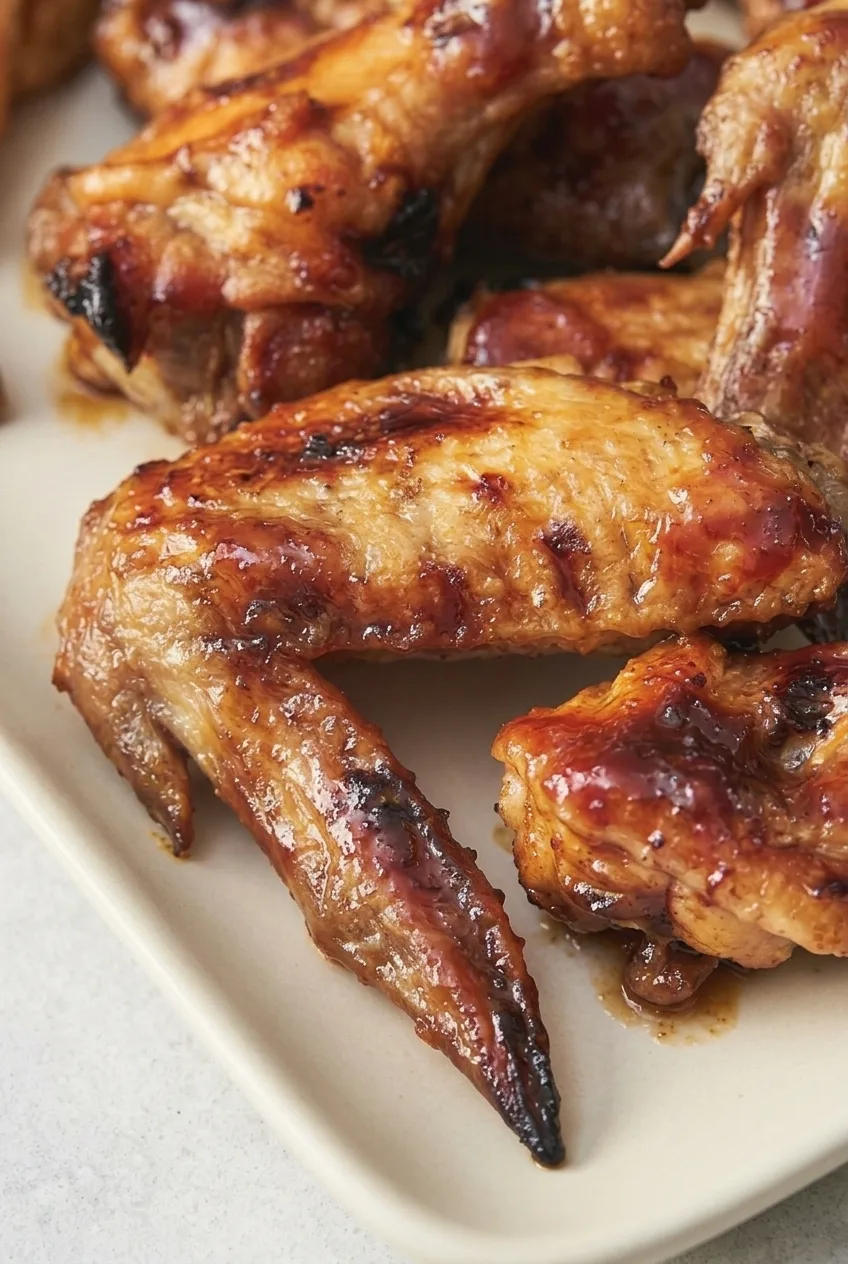 Close view of an intact maple glazed chicken wing with glossy coating and browned skin