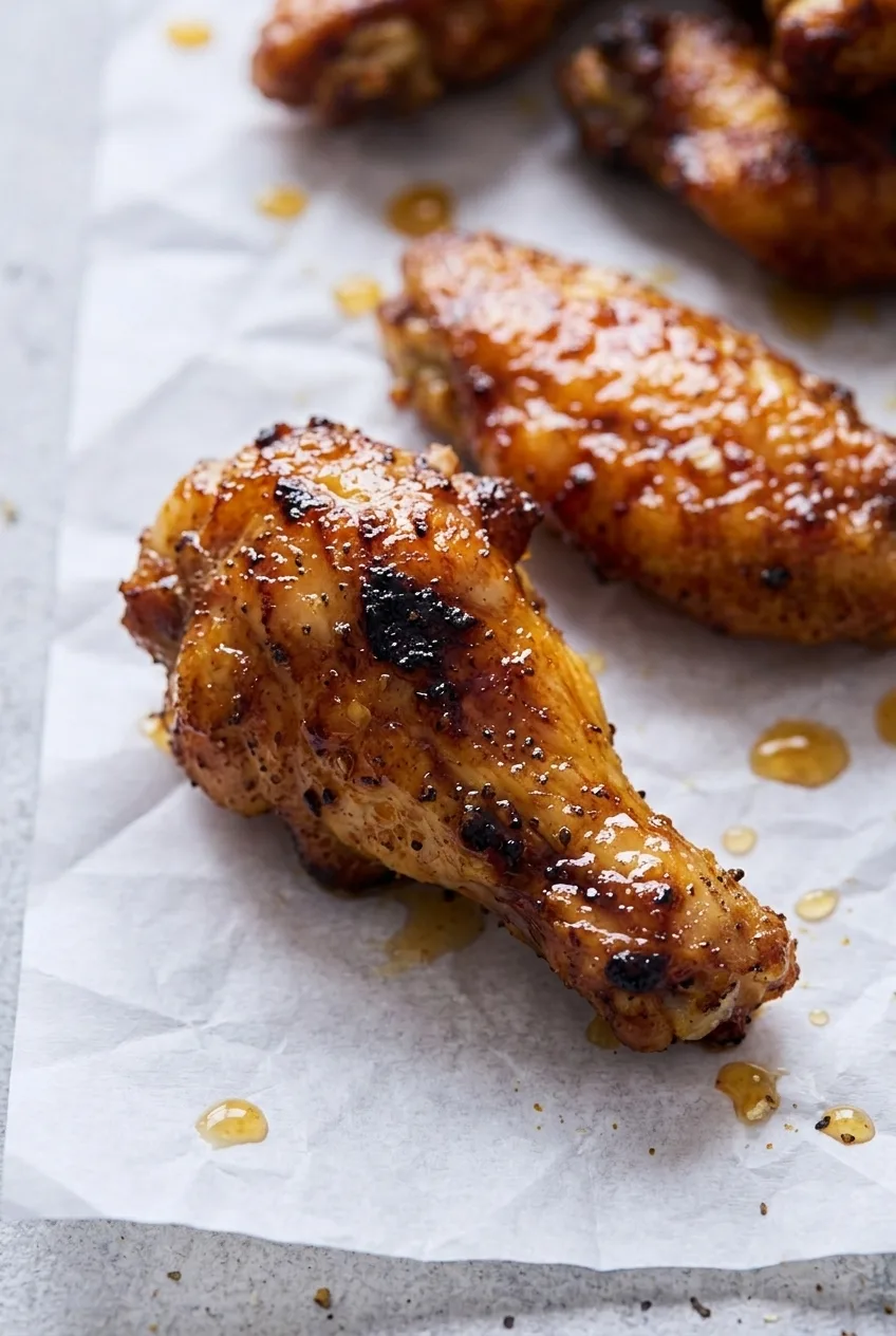 Close view of a jerk chicken wing with glossy browned skin, seasoning flecks, and small charred patches