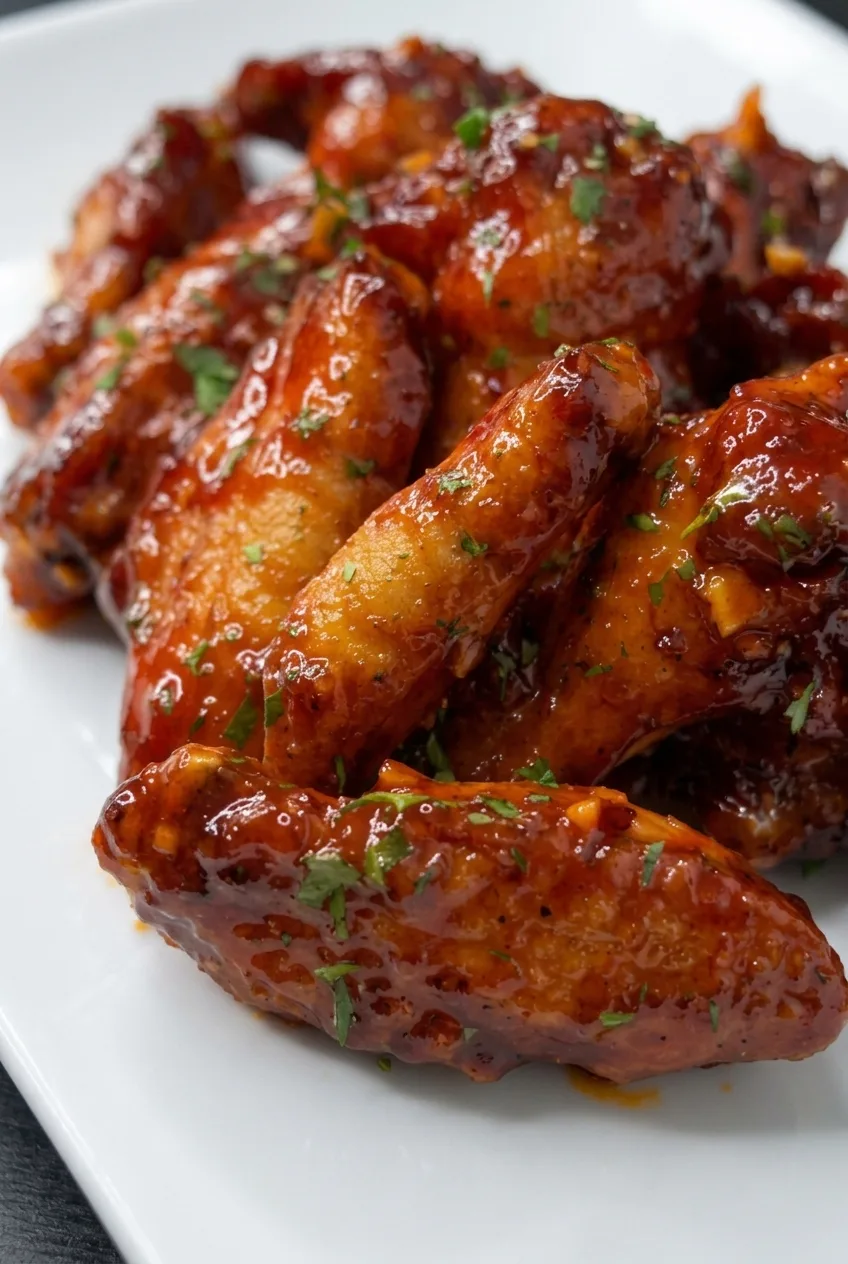 Close view of glossy paprika glaze clinging to browned chicken wing skin with fine parsley flecks