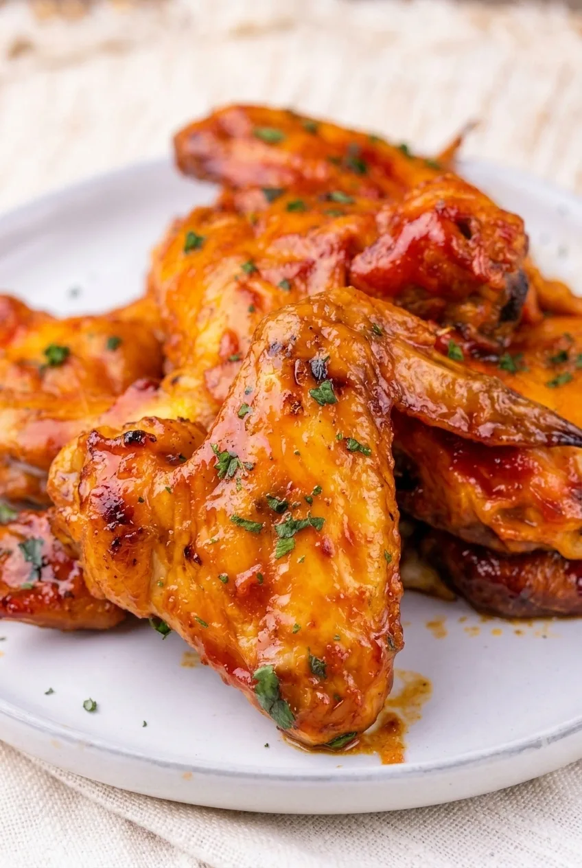 Close view of a whole chicken wing showing sticky chipotle-honey glaze, browned skin, and a pointed tip