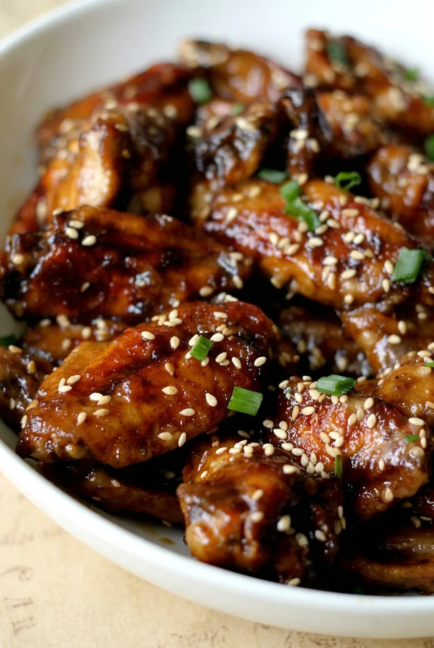 Close view of sesame seeds and green onion on the thick glaze coating individual chicken wings