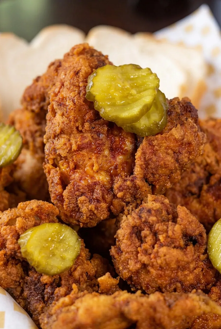 Close view of reddish, crisp breading on a Nashville hot chicken wing topped with a pickle chip