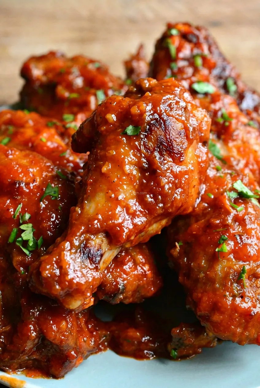 Close view of thick pineapple BBQ glaze clinging to a browned whole chicken wing