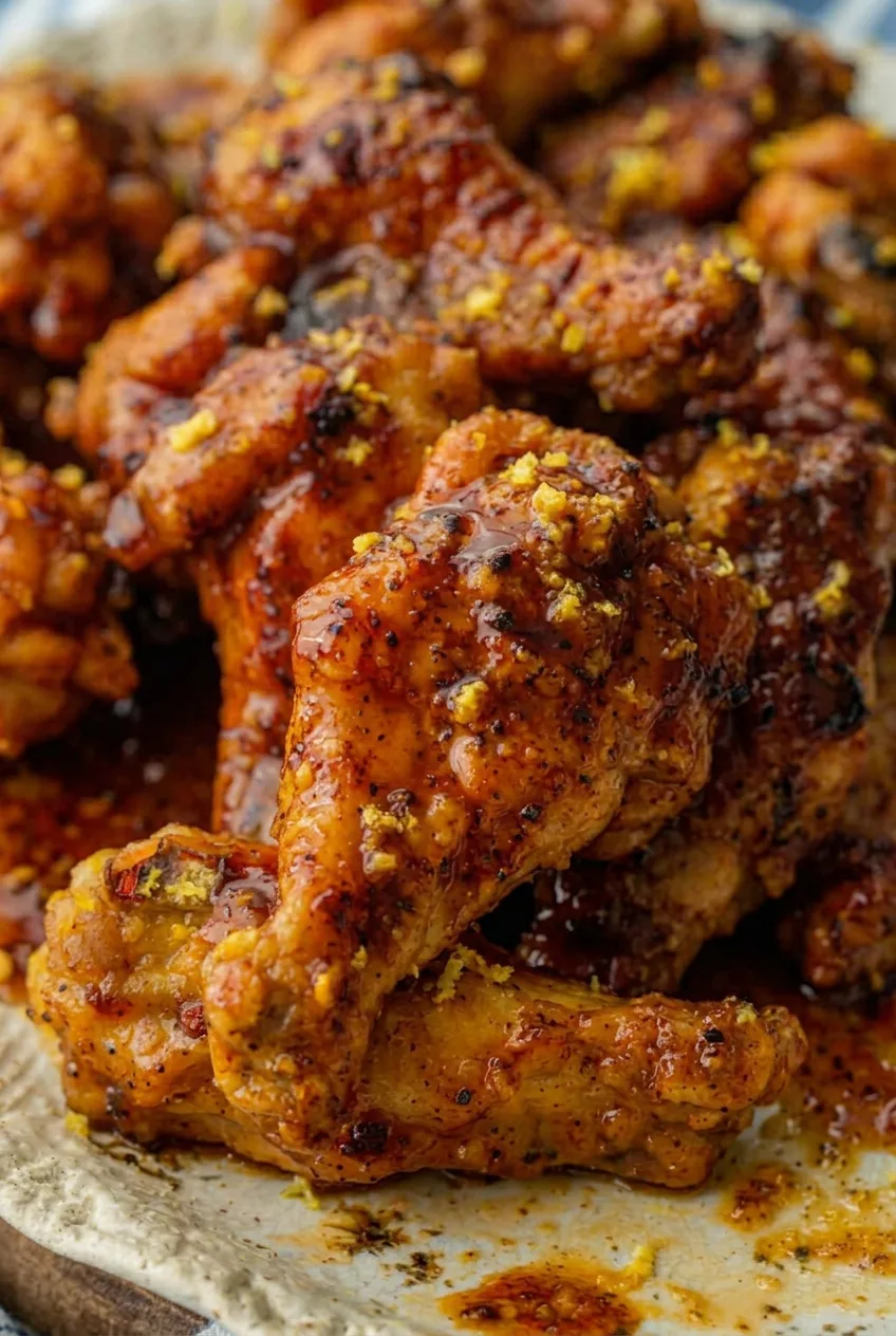 Close view of glazed wing skin with browned edges, lemon pepper flecks, and fresh zest