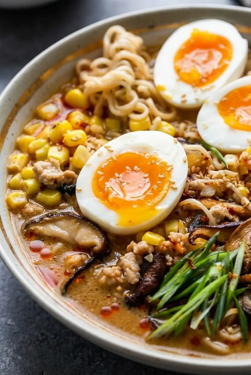 Close view of springy ramen noodles, a jammy egg and browned mushrooms in chili-dotted broth