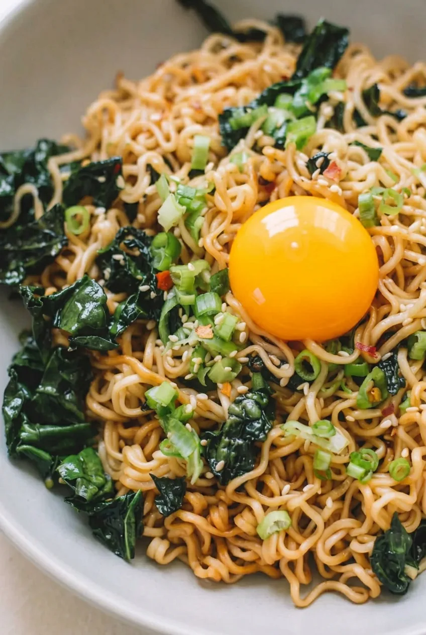 Close view of glossy garlic butter ramen strands, dark kale, scallions, sesame, and an intact golden yolk