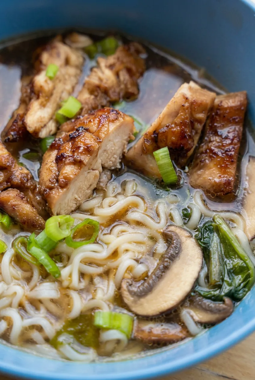 Close view of glossy chicken pieces above curly ramen noodles, mushrooms, spinach, and brown broth