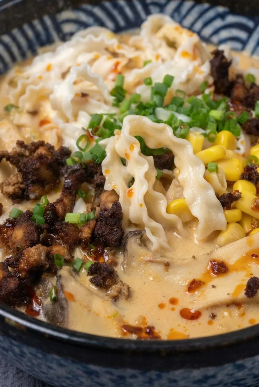Close view of wavy ramen noodles, browned pork and chili-oil droplets in creamy broth