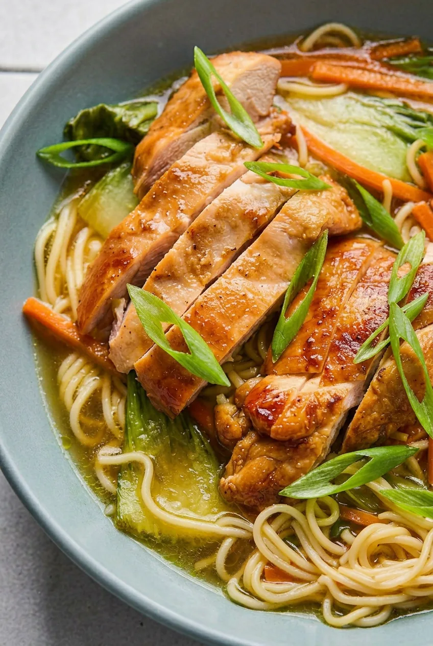 Close view of glazed chicken slices, distinct ramen noodles, bok choy, and amber broth