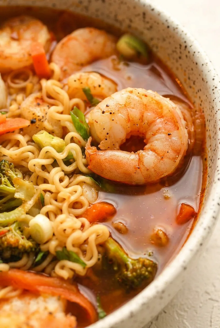Close view of pink shrimp, curly ramen noodles, vegetables, and glossy chili-garlic broth