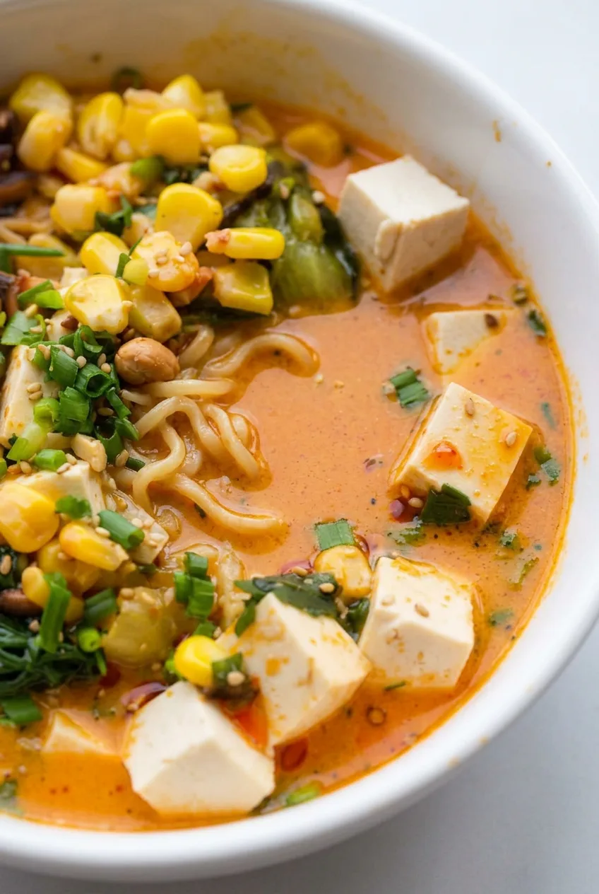 Close view of peanut ramen broth around pale tofu cubes, corn, bok choy, and a few noodle strands