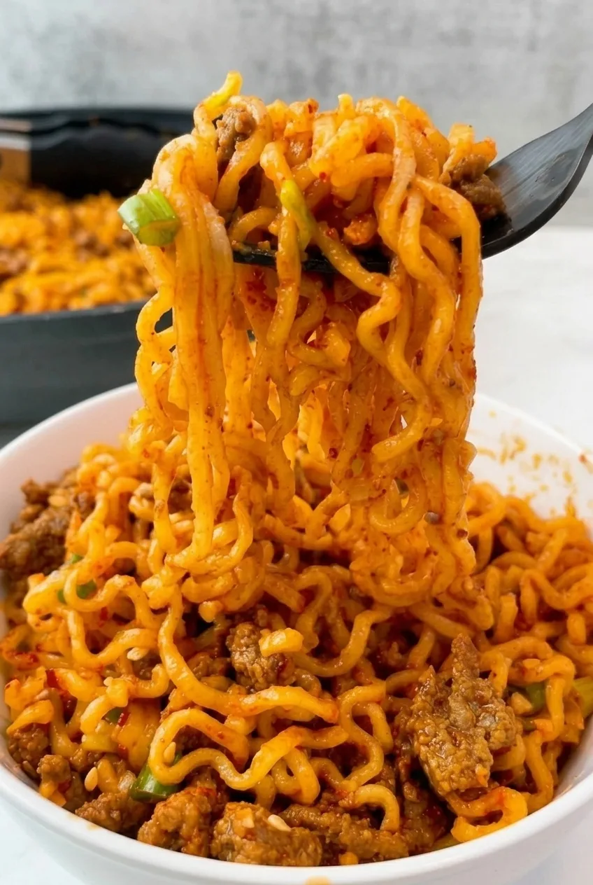 Close view of glossy gochujang-coated ramen strands, browned beef crumbles, green onions, and sesame seeds