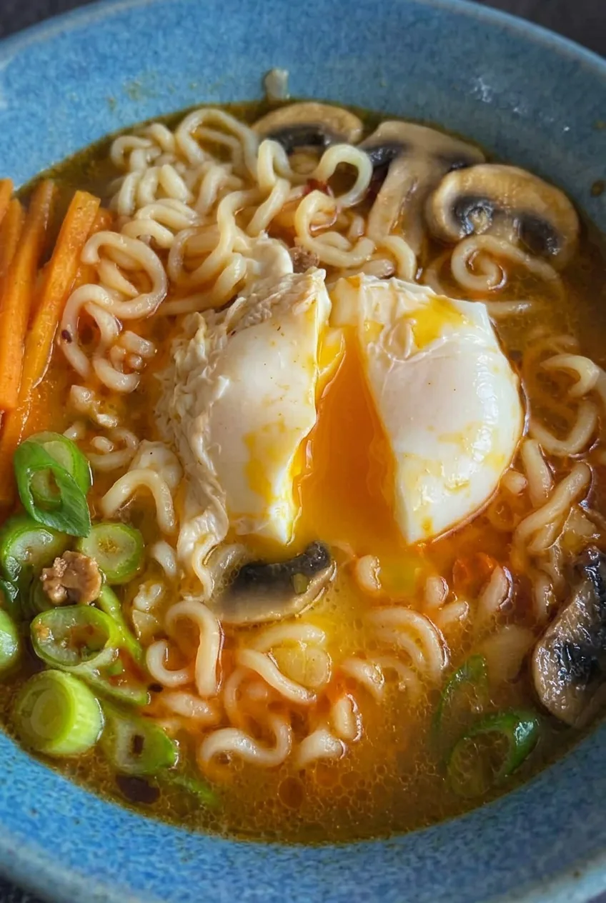 Close view of a soft poached egg spilling yolk over curly ramen noodles, mushrooms, carrots, and broth