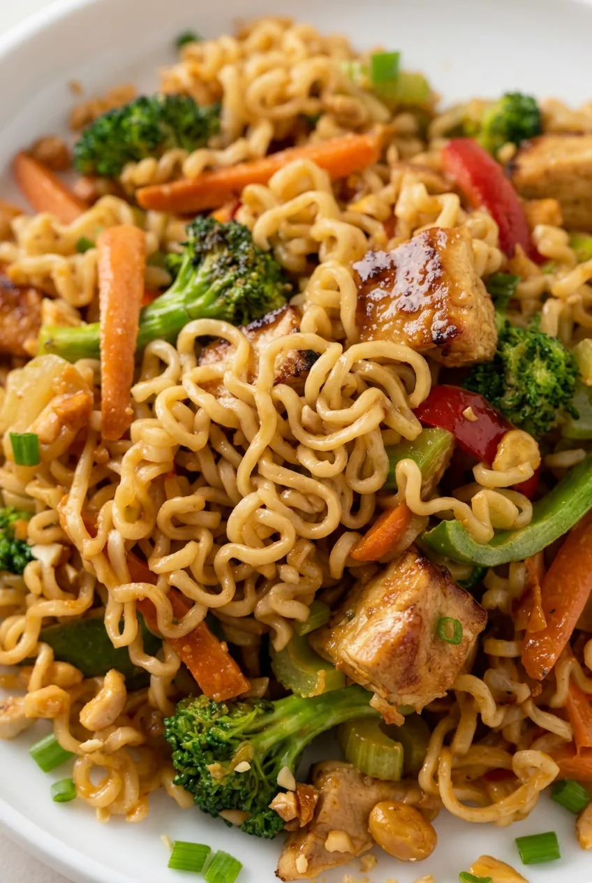 Close view of glossy ramen curls, browned chicken, broccoli, and chopped peanuts