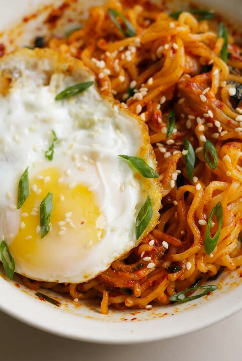 Close view of glossy chili-coated ramen strands beside a soft-yolk fried egg and sesame seeds