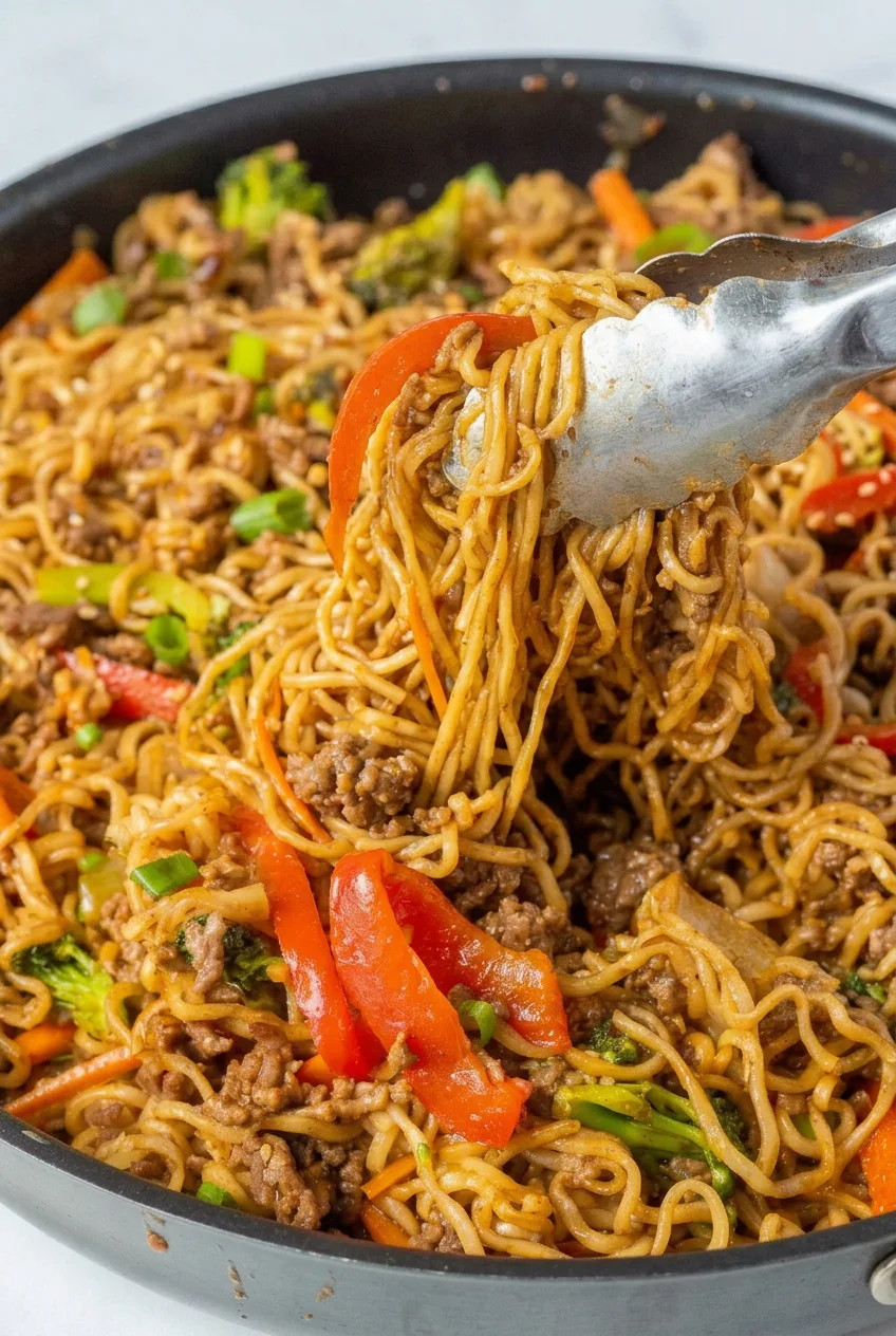 Close view of glossy ramen strands, browned beef crumbles, red pepper, broccoli, and carrot