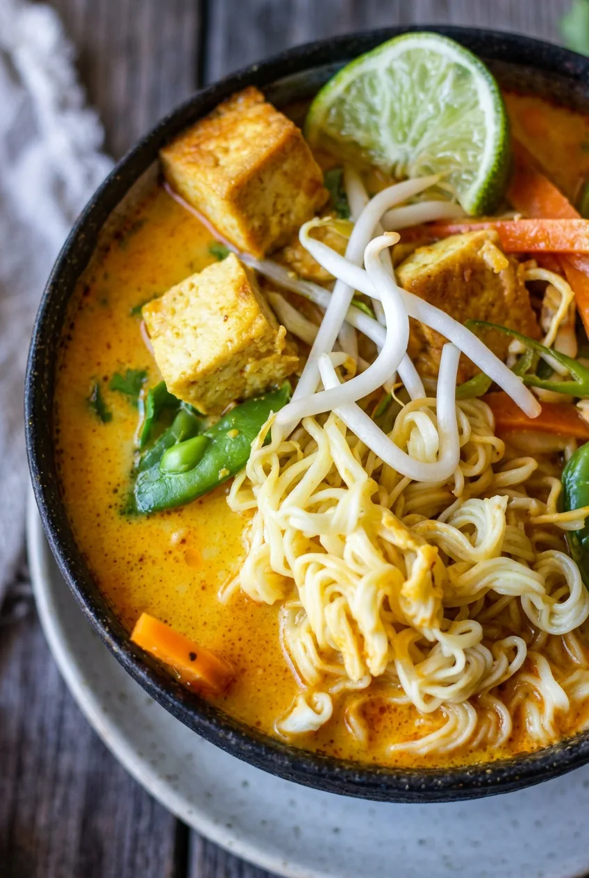 Close view of curly ramen, golden tofu cubes and vegetables in fluid orange coconut curry broth