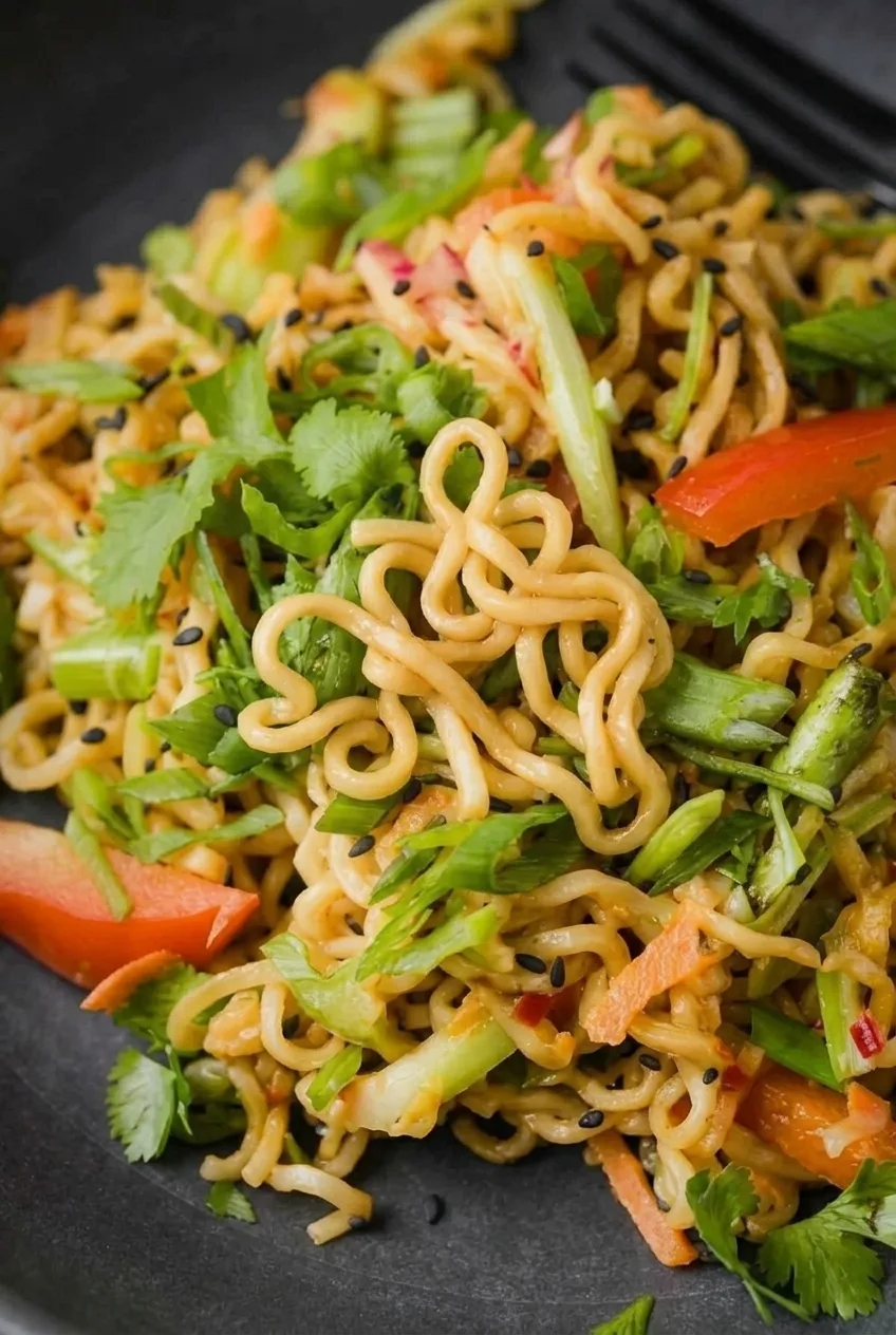 Close view of glossy curly ramen strands with red pepper, celery, fresh herbs, and black sesame