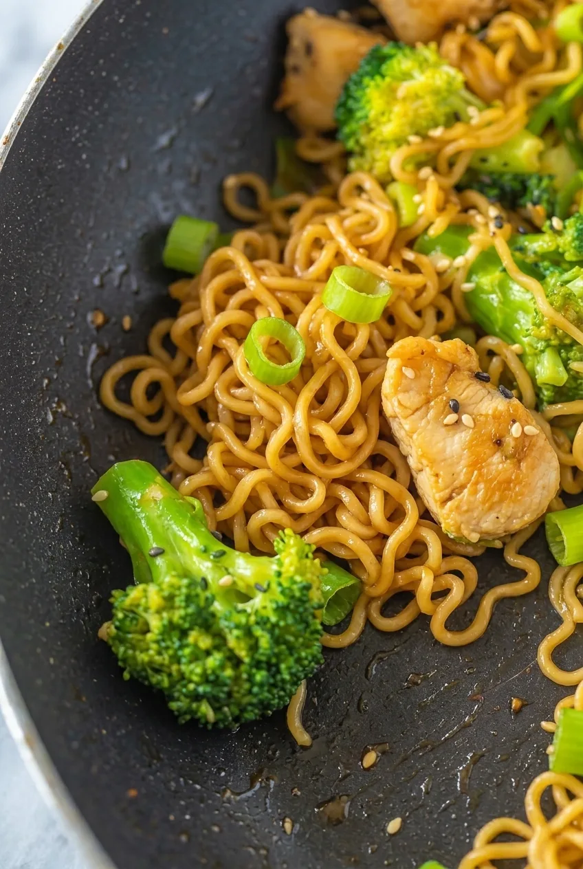 Close view of glossy ramen curls, lightly browned chicken, and broccoli in the skillet
