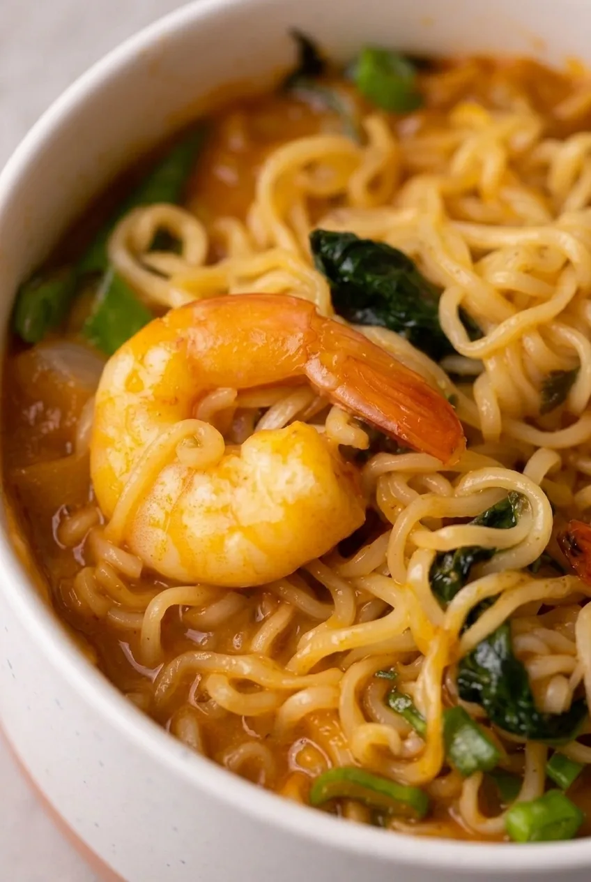 Close view of pink shrimp and curly ramen noodles beside wilted spinach in orange-red broth