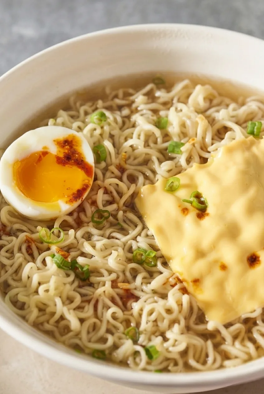 Close view of softened cheese over curly ramen noodles beside a jammy egg and visible broth