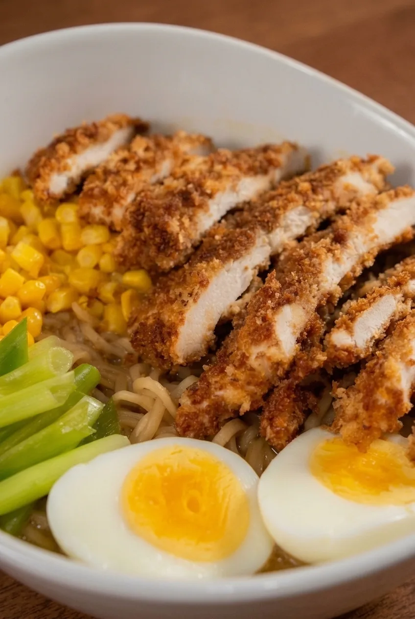 Close view of golden panko crust and white chicken interior above ramen noodles