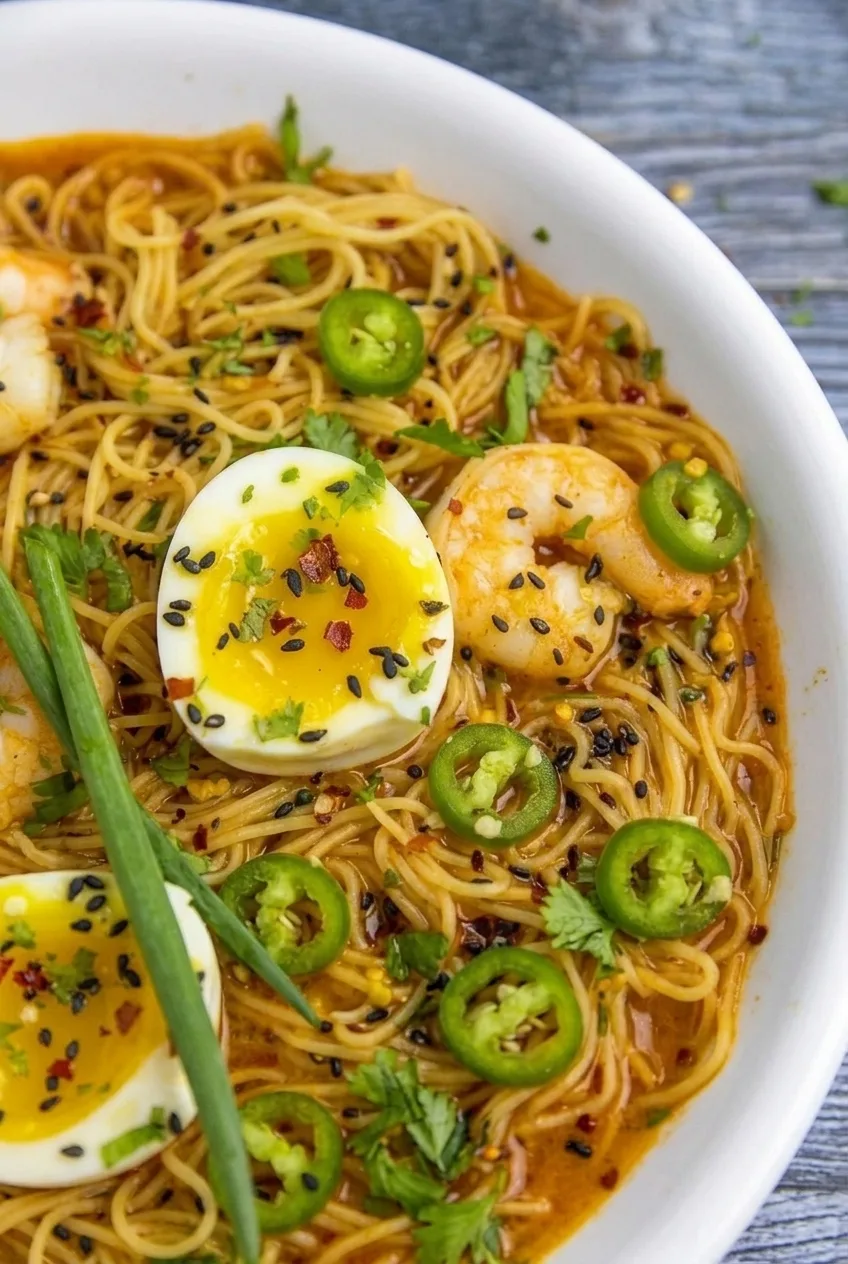 Close view of soft egg yolk, shrimp, and distinct ramen strands in glossy orange-red broth