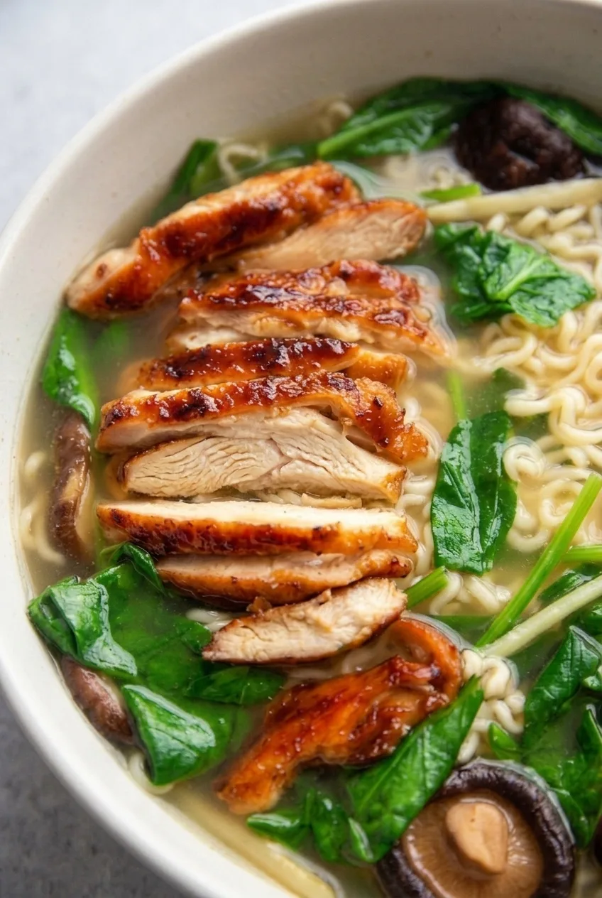 Close view of browned chicken slices, curly noodles, shiitake caps, and spinach in light broth