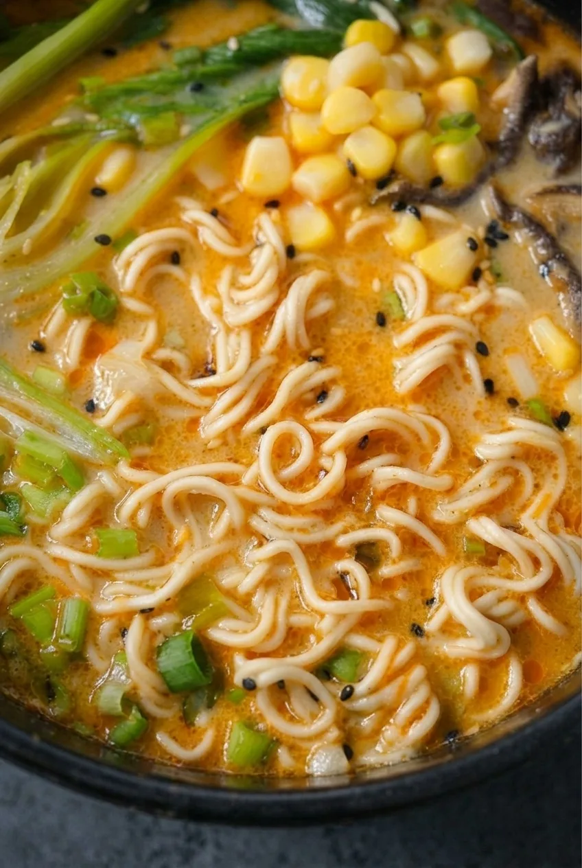 Close view of curly ramen noodles in creamy miso broth with chili-oil droplets and sesame seeds