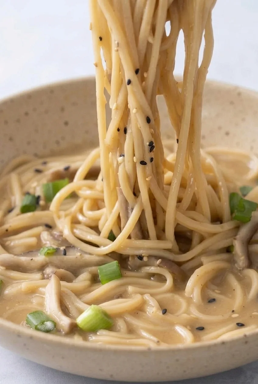 Close view of glossy ramen strands, sliced mushrooms, and sesame seeds in light tan sauce
