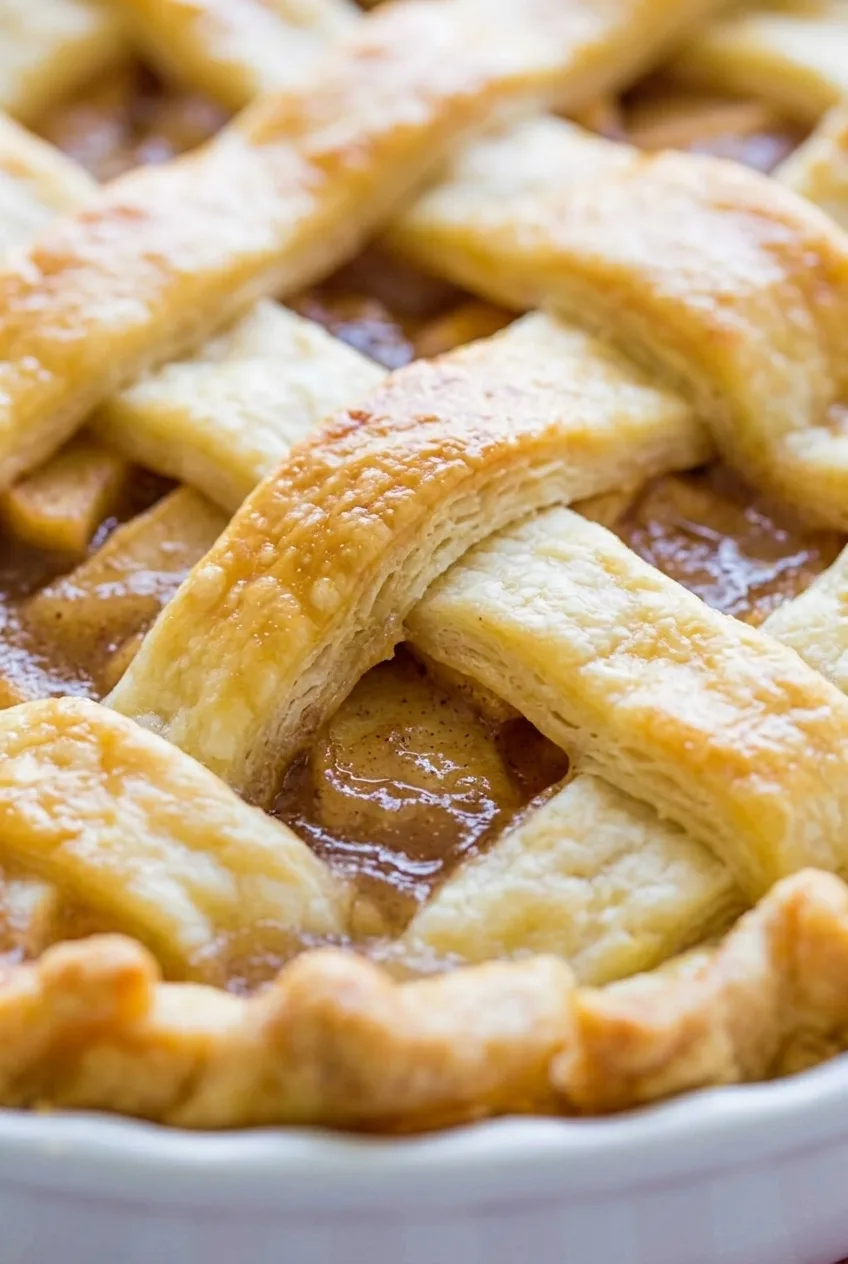 Close view of flaky lattice crossings and spiced apple slices in homemade apple pie