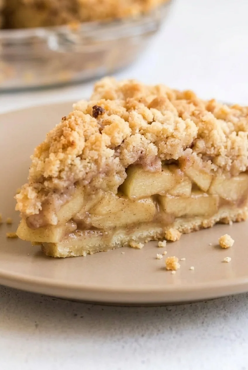 Close view of apple slices and thin pastry beneath the coarse streusel on a Dutch apple pie wedge.