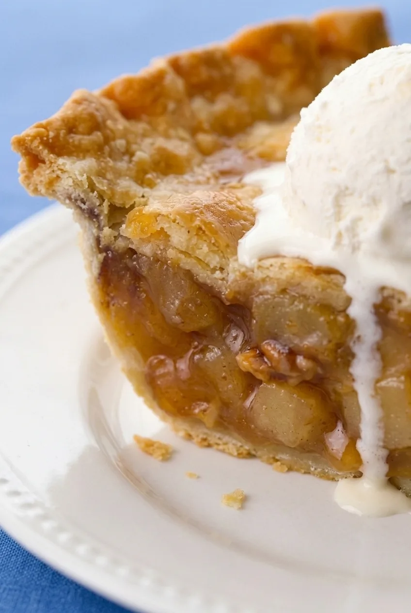Close view of sliced apples in thick caramel beneath flaky pie crust and softening vanilla ice cream