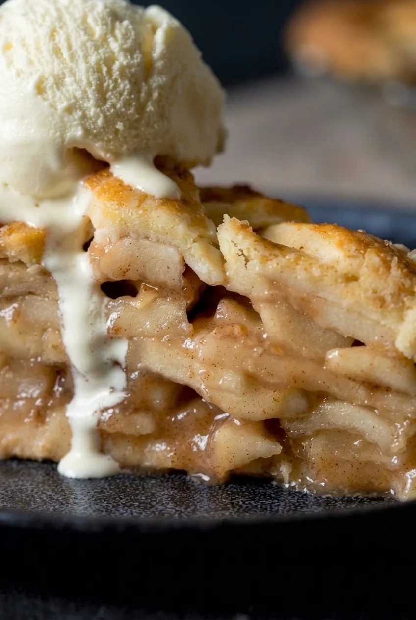 Close view of glossy apple layers and flaky crust beneath melting ice cream in deep dish apple pie