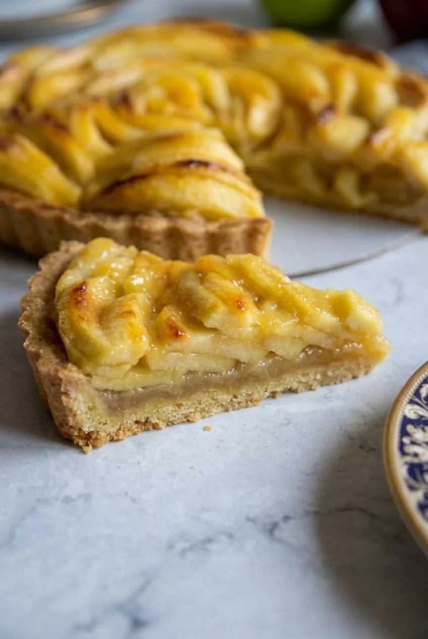 Close view of a French apple tart wedge showing glazed slices, soft apple filling, and butter crust