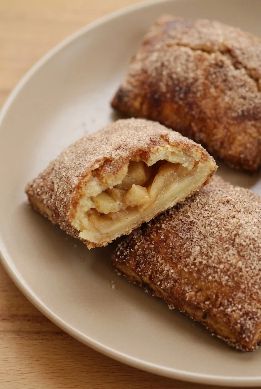 Close view of a broken apple hand pie showing diced apples and a cinnamon-sugar-coated crust