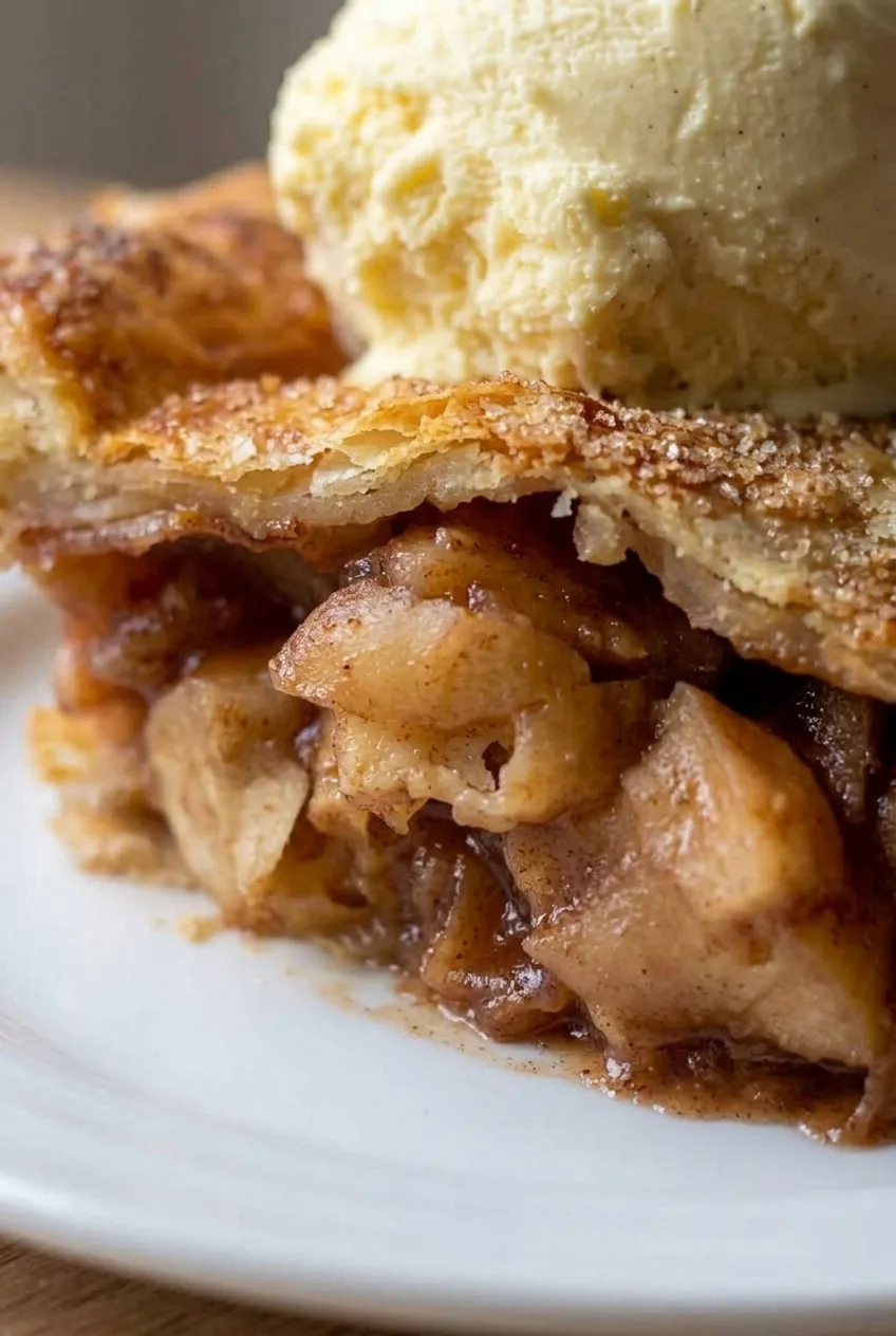 Close view of flaky puff pastry, chunky cinnamon apples and vanilla ice cream on a pie slice